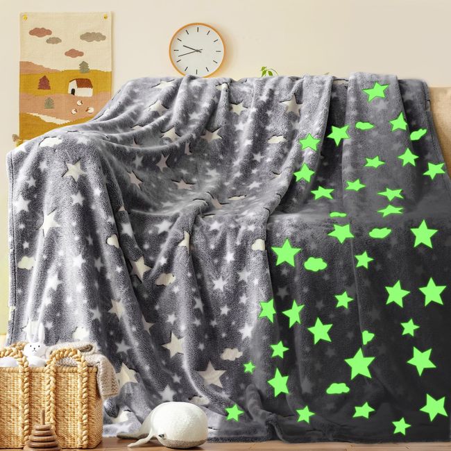 Touchat Glow in The Dark Blanket for Girls Boys, Unique Gifts for Boys Girls Kids in Halloween Christmas Birthday, Soft Cozy Flannel Fleece Throw Blanket for Bed Sofa Couch, 50" x 60" (Grey)