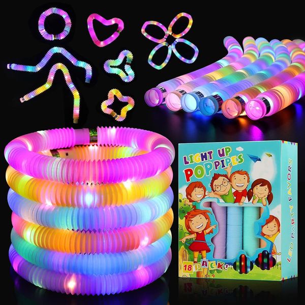 Glow Sticks Light Up Fidget Pop Tubes 18 Pack Glow in The Dark Party Supplies Toddler Sensory Toys, Glow Stick Party Pack Halloween Party Favors Goodie Bag Stuffers Christmas Return Gifts for Kids