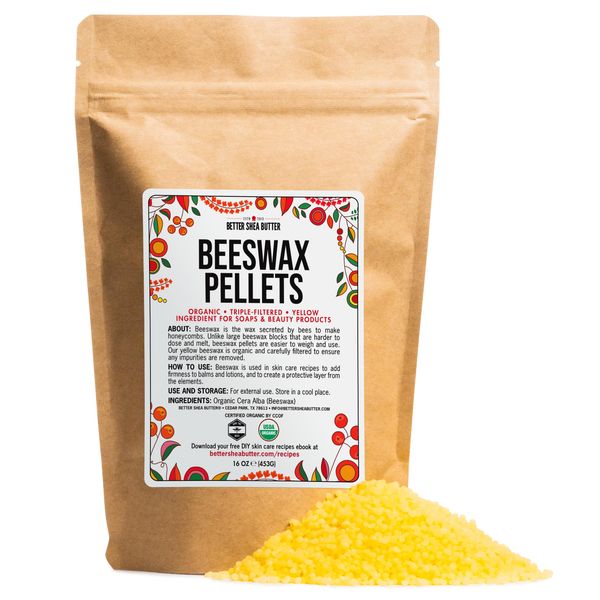 Better Shea Butter Organic Beeswax Pellets | Use it to make Candles, Food Wraps, Furniture Polish, Lip Balms | Food Grade, 100% Pure, Yellow Beeswax Pastilles | 1 LB (16 oz)