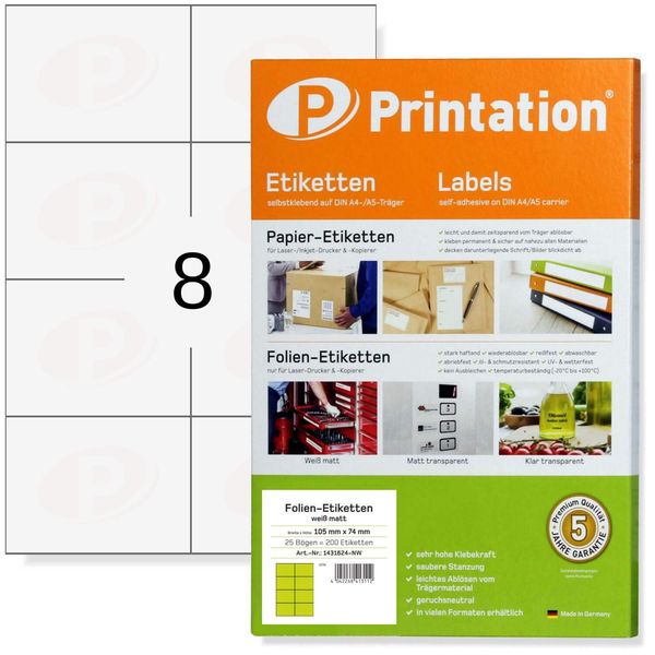 Printation Weiße Etiketten wasserfest 105 x 74 mm auf 25 DIN A4 Bogen 2x4-8 Labels pro Bogen - 200 Folienetiketten 105x74 Klebeetiketten zum bedrucken mit Laser-Drucker wetterfest weiß selbstklebend