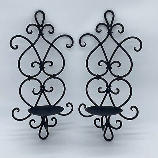 Set of 2 Black Wrought Iron Hanging Wall Sconces Candle Holders Home Decor