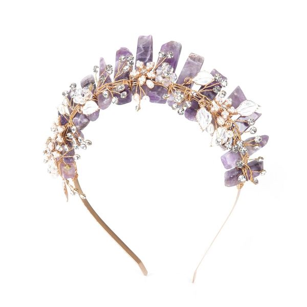 Women Raw Crystal Headband with Pearl Flower, Bridal Wedding Natural Quartz Tiara Headpiece for Women Girls (purple)