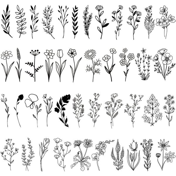 CARGEN Black Flower Branch Temporary Tattoos - 10 Sheets 44 Design Flower Floral Bouquet Plant Tulip Sunflower Lavender Sweet Pea Larkspur Sticker Temporary Tattoo Fake Tattoo for Women Girls Body