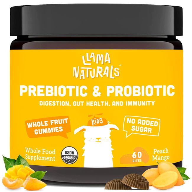 Whole Fruit Prebiotic and Probiotic Gummies for Kids - No Added Sugar, Vegan Organic Probiotics for Kids - Gut, Immunity, 2 Billion CFU Toddler Probiotic Gummies - 60 Gummies (30 Days) (Peach Mango)