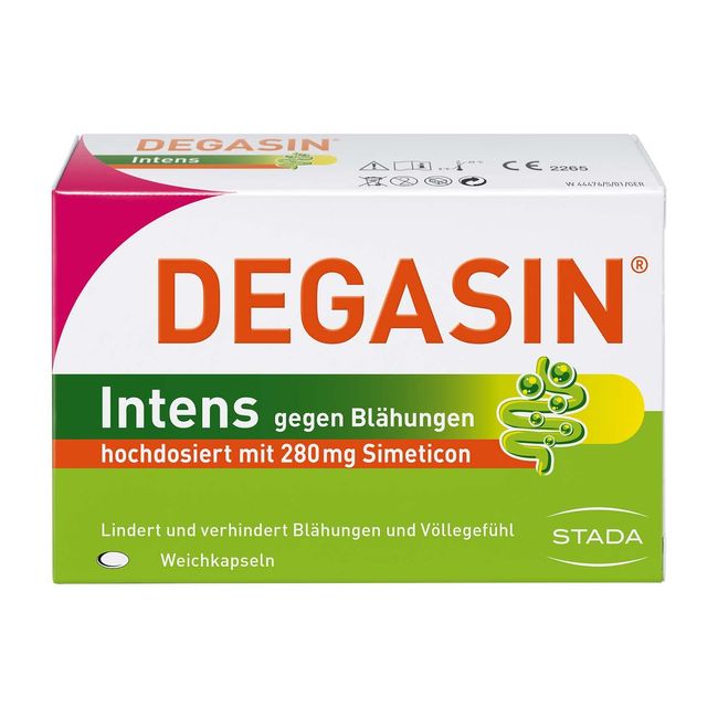 DEGASIN Intens - hochdosiertes Präparat mit 280 mg Simeticon - lindert Blähungen, Magen-Darm-Probleme sowie Völlegefühl - 1 x 32 Weichkapseln