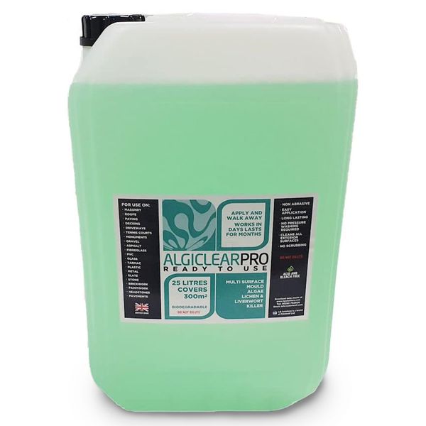 Algiclear Pro 25L Concrete Cleaner - Mould Remover, Algae Remover & Liverwort, Patio, Garden & Deck - Pet Friendly Patio Cleaner Fluid, Long Lasting Driveway Cleaner - Covers 300 SQM.