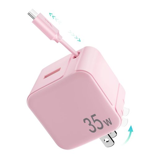 Retractable Wall Charger,35W PD Fast USB Charger Block with Retractable Type-C Cable,Portable Adapter with Foldable Plug for iPhone 16/15,Galaxy,Pixel,and Multiple Devices(Pink)
