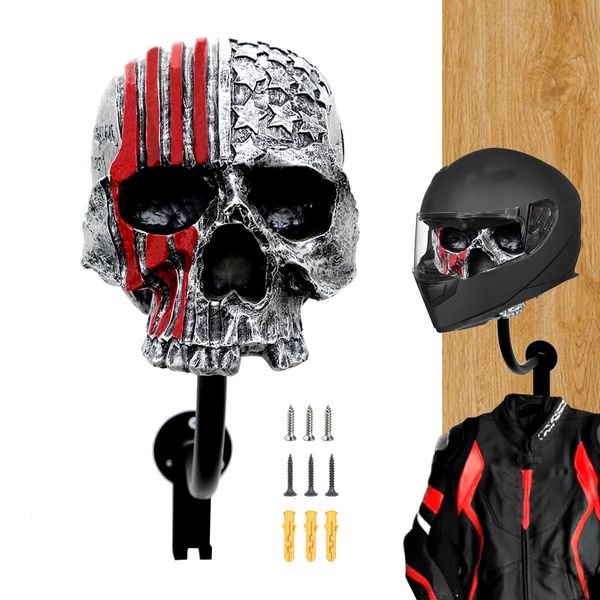 Skull Helmet Holder Motorcycle Helmet Rack, Red Helmet Holder Wall Mount with 2 Hooks Helmet Hanger for Coats, Caps, Baseballs and Rugby Helmet