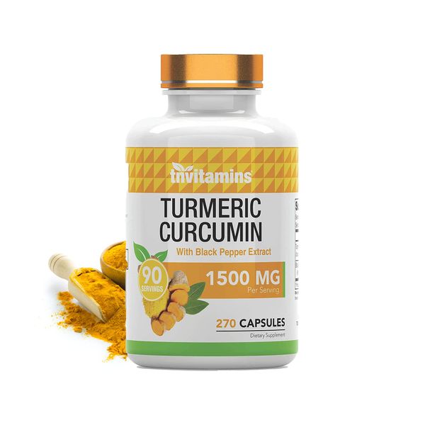 tnvitamins Turmeric Curcumin Capsules with Black Pepper | 1500 MG - 270 Capsules | Bulk Size - 3 Month Supply! | Golden Turmeric Curcumin Supplement with Black Pepper | Non-GMO | Produced in The USA