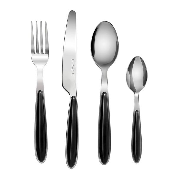 EXZACT Cutlery Set of 16, Stainless Steel with Color Handles - 4 Forks, 4 Dinner Knives, 4 Dinner Spoons, 4 Teaspoons - EX07 (Black x 16)