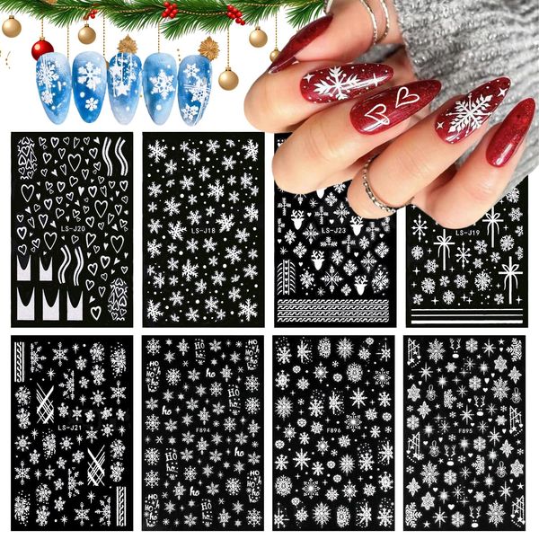 AIOSUY Adesivi Unghie Natale 8 Fogli, 5D Arte Unghie Adesivi Autoadesivi, Nail Art Stickers, Fiocco di Neve Nail Art Adesivi, per Donna Ragazze Nail Stickers Manicure Fai da Te