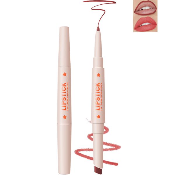 2 in 1 Matt Lippenstift, 1 Pcs Dual Ended Hochpigmentiert Samt Finish Nude-Rosa Lipliner Pencil, Langlebig Wasserfest Non-Stick Cup Wischfest Buntstift Lippenstift, 6 Farben Make-up Set für Frauen-01