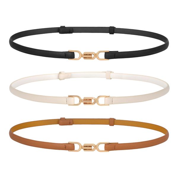 WERFORU 3 Pack Women Skinny Leather Belt Adjustable Thin Waist Belts with Alloy Buckle for Blouse Dresses Black/Brown/Beige