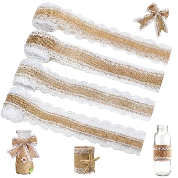 Capgoost 4 Rollen Juteband, Juteband mit Spitze, Juteband Natur, Vintage Spitzenband Weiß Hochzeitsdeko, Jute Bänder Dekoband für DIY Handwerk Weihnachten Deko Hochzeit Party Spitzenbordüre Dekoband