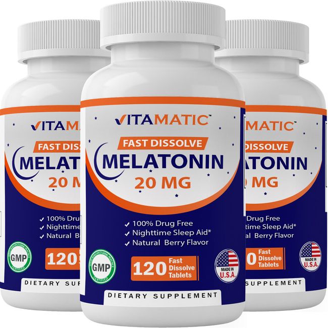 3 Pack Vitamatic Melatonin 20 mg Fast Dissolve 120 Tablets - Nighttime Sleep Aid