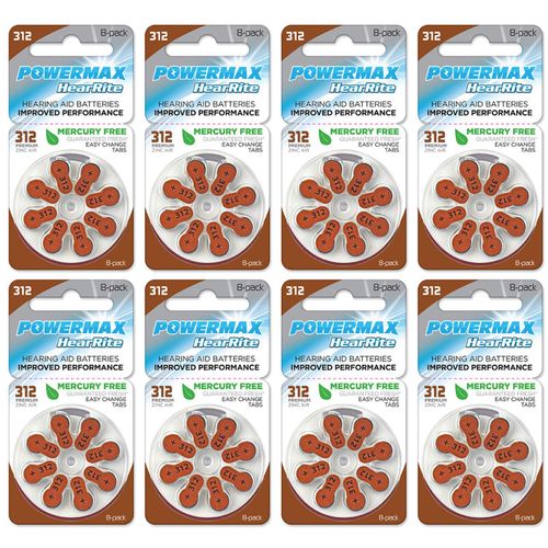 Powermax Size 312 Hearing Aid Batteries, Made In USA, Brown Tab, 64 Count