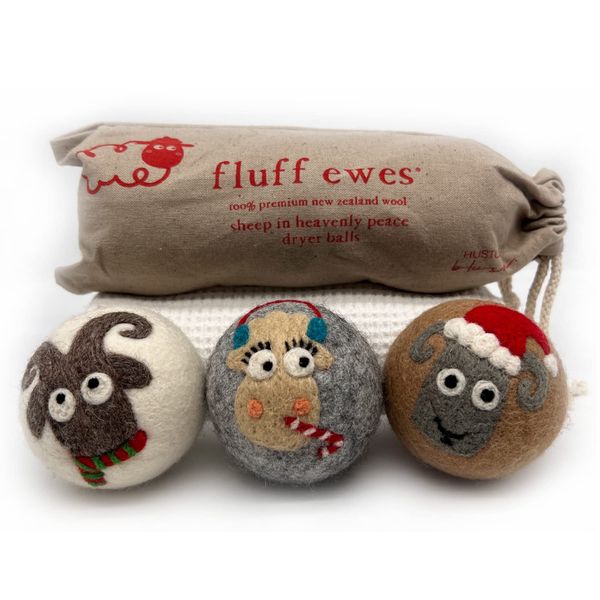 Fluff Ewes Premium Handmade New Zealand Reusable Wool Dryer Balls for Laundry, Baby, Anti-Static Alternative to Liquid Fabric Softener, Plastic Dryer Balls or Dryer Sheets, Holiday/Christmas, 3 Pack