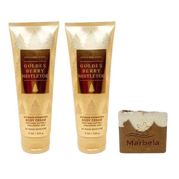 Bath & Body Works Golden Berry Mistletoe - 2 Pack Of Body Cream With a Yamma Jamma Bar Soap.