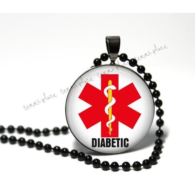 Diabetic Medical Condition Alert Necklace Glass Pendant Black Setting & Chain