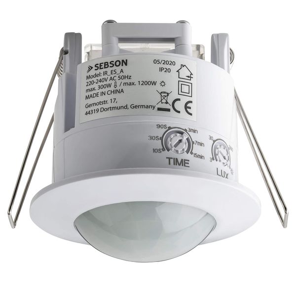 SEBSON PIR Sensor Indoor, Ceiling Flush Mounted, Infrared Motion Sensor, LED suitable, Range max. 6m/360°, max. 1200/300W, IP20, white