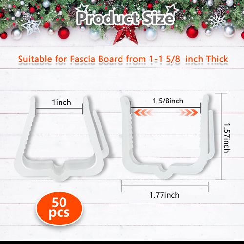 jixsloft Plastic Christmas Light Hanger Clips, Fascia Board Clips, Deck Banister Light Clips, Holiday Light Clips Hangers Outside Indoor for Fascia Board in Thickness from 1''-1 5/8" (50PCS)