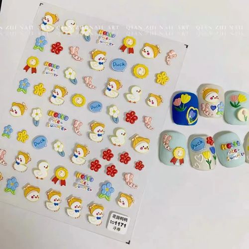 Dedyel New 5D Embossed Graffiti Nail Art Sticker Decal Cute Yellow Duck Hit Color Graffiti Colorful Flower Nail Art Embossing Sticker Hand Painted Graffiti Back Glue Nail Sticker for Nail Art DIY Design (2 Pcs)