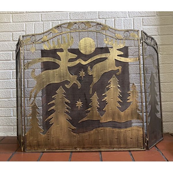 Rustic Gold Metal Fireplace Screen Heavy Duty Reindeer Trees Christmas Tealight