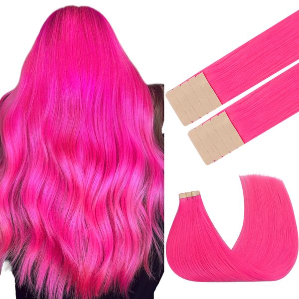 GOO GOO Tape in Hair Extensions Echthaar, Pink 10pcs 25g 35cm, Farbige Tape ins Echthaar Extensions, Silky&Soft Invisible Tape Ins, Straight Remy Hair Highlighted for Party