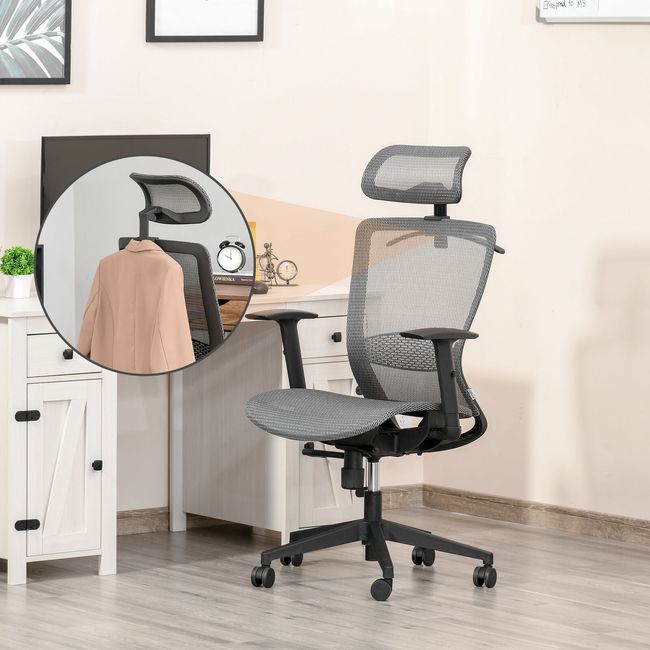 Tall Ergonomic Computer Desk Seat with Lumbar Support and Coat Hanger, Grey