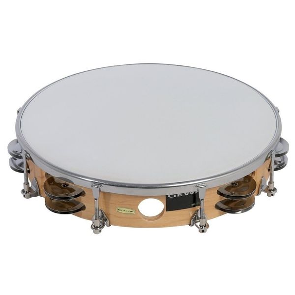 GEWA Tambourine Traditional with jingles, wooden frame tambourine (tunable wooden frame made of maple, plastic head, 16 pairs of steel jingles, perfect for school classes & percussion ensembles).