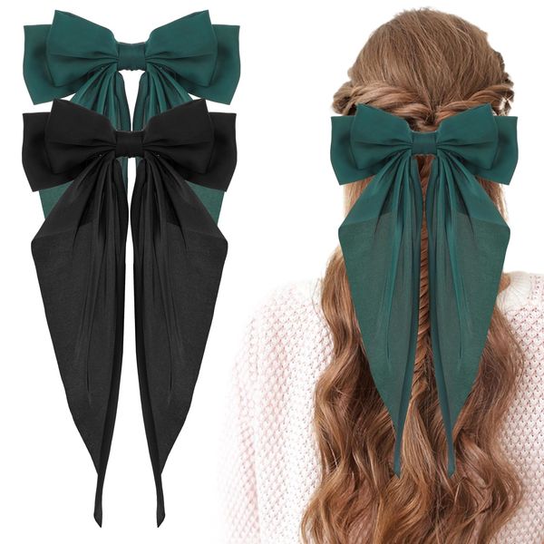 Silky Satin Hair Bows, 2 PCS Big Black Bow and Dark Green Set Bowknot Metal Spring Clip Oversized Long Tail Hair Ribbons Ponytail Holder French Barrettes Hair Accessories for Women, Christmas Gifts