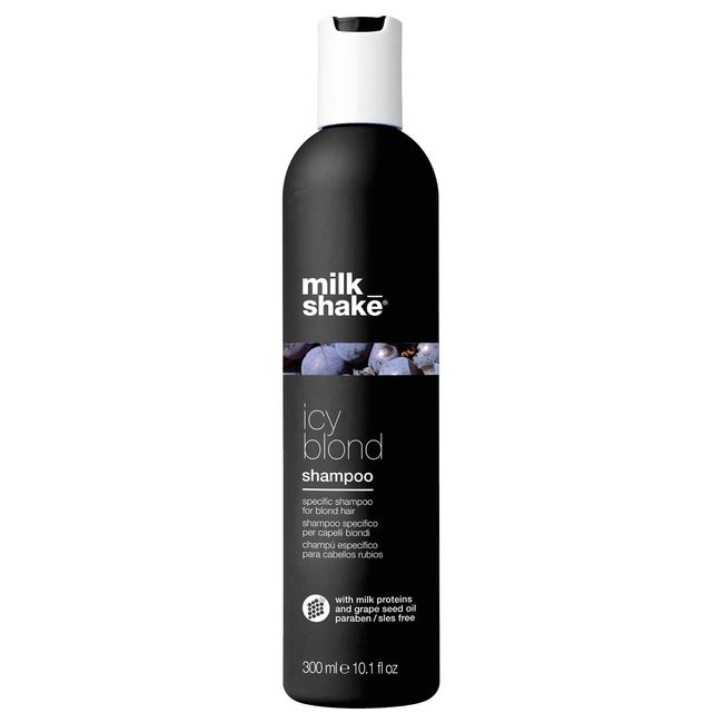 milk_shake® | icy blond shampoo | Spezielles Shampoo für blondes oder gebleichtes Haar | 300 ml | Anti-gelb Shampoo mit Schwarzpigmenten