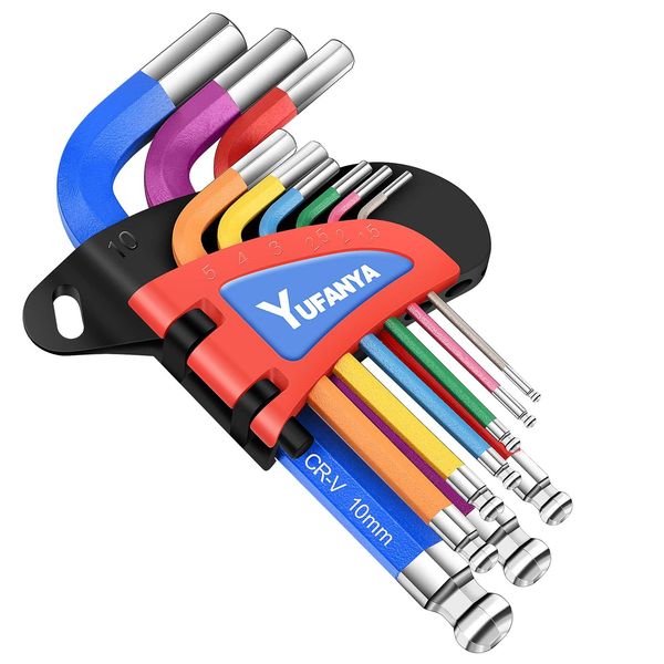 YUFANYA 9PCS Allen Key Set,Short Arm Metric Hex Wrench Set,Ball End Hex Key Set with Multi Colour Coded,Sizes 1.5-10mm for Bicycle Repair,Furniture Assembly,Appliance Repair,Household DIY