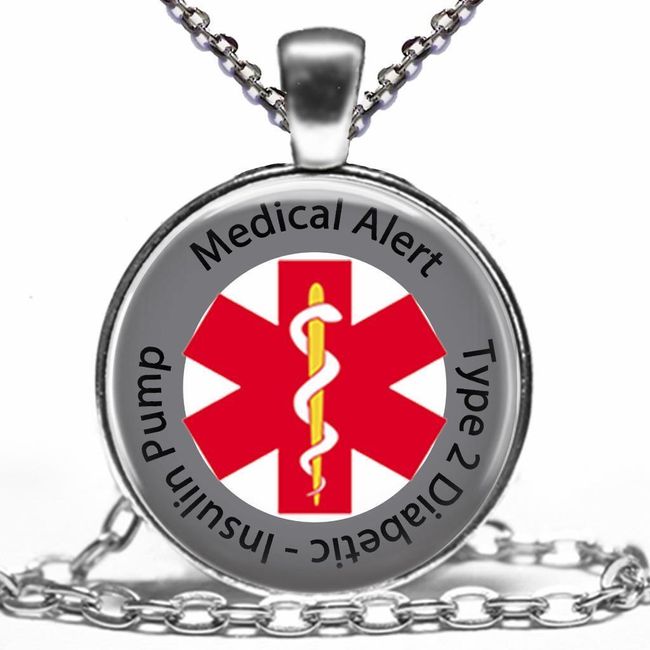 Diabetic Type 2 Insulin Pump Medical Alert Necklace Glass Top Pendant & Chain