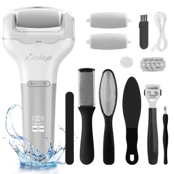 Electric Foot Callus Remover Easkep Rechargeable Portable Electronic Foot File Pedicure Tools, Waterproof 16 in 1 Callus Remover Kit, Professional Pedicure Kit for Dead Hard Cracked Dry Skin (Silver)