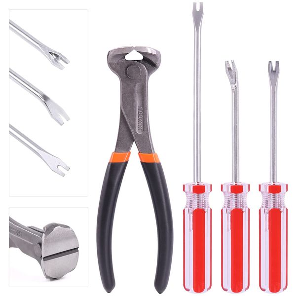 Mardatt 4Pcs End Cutting Pliers and Tack Puller Nail Remover Tools Set with Straight U Tip, Straight V Tip and Angled V Tip Tack Lifter to Remove Nails Wire for Upholstery Car Construction