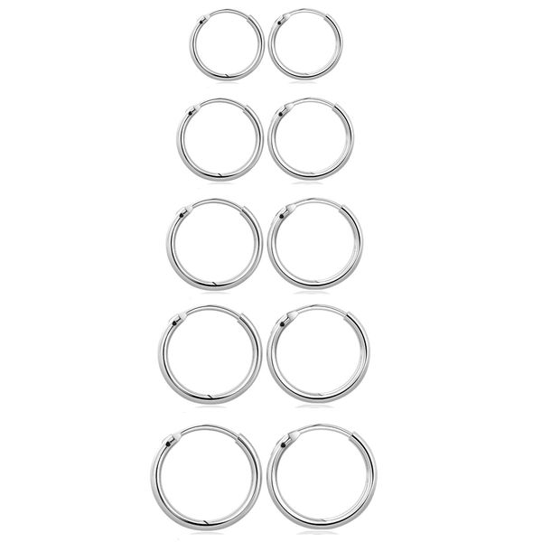 Elicola Set of 5 Pairs of Hoops Earrings in 925 Sterling for Women Men Small Round Mini Sleeper Cartilage Earrings Hypoallergenic 8/10/12/14/16mm