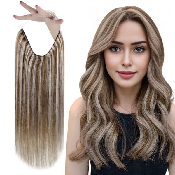 Vivien Wire Hair Extensions Real Human Hair Highlight Light Brown with Platinum Blonde Secret Hair Extensions One Piece Secret Wire Hair Extensions Silky Straight 80g #P8/60 16 Inch