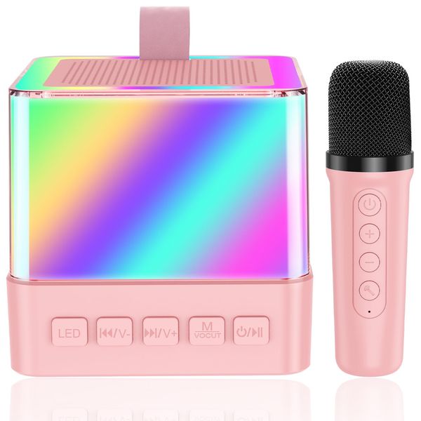 Karaoke Machine for Kids Adults, Portable Bluetooth Karaoke Microphone Singing Speaker with 1 Wireless Mics & LED Lights for All Smartphones, Best Gifts Toys for Girls and Boys, Family Home Party