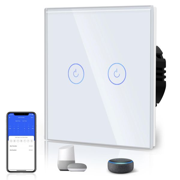 BSEED Smart Light Switch WiFi Alexa 2 Gang 1 Way Switchable Switches White, Glass Panel Wall Light Switch, Voice/App Control(Neutral Wire Required)