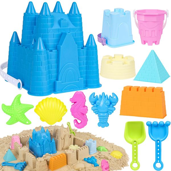 FUSPWEAO Beach Toys Sand Toys for Kids, Sand Castle Toys for Beach with Sand Castle Bucket, Sand Molds, Shovel and Rake, Sand Castle Kit, Sandbox Toys for Toddlers, Travel Beach Toys for Kids 3-10