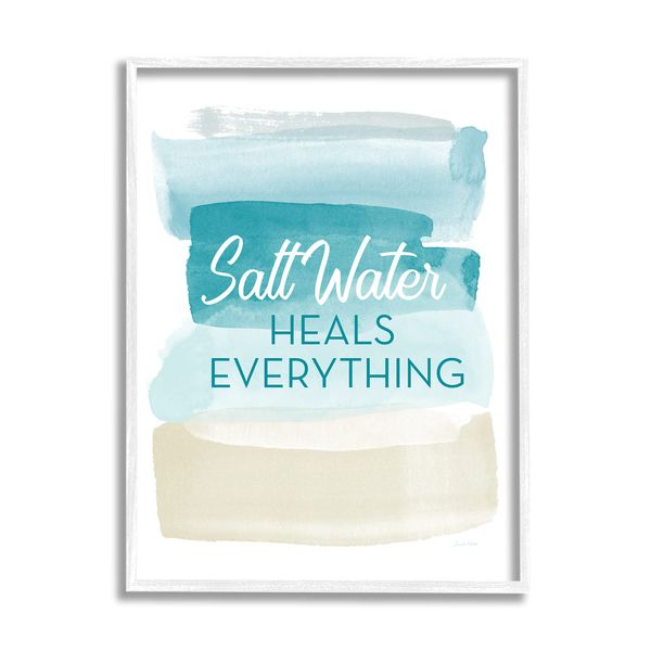 Stupell Industries Salt Water Heals Everything Phrase Soft Beach Ombre, Designed by Linda Woods White Framed Wall Art, Blue