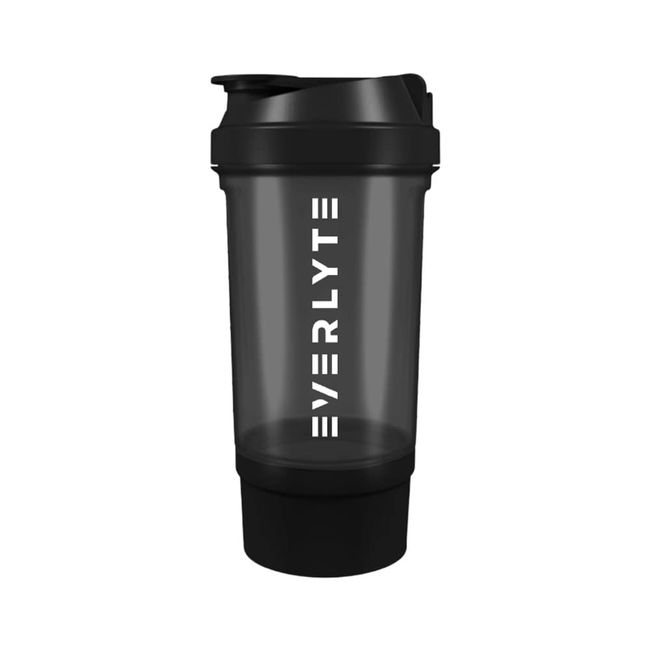 EVERLYTE - Schwarzer Shaker / 500 ml & 150 ml Behälter/Sportshaker mit Druckverschluss, Sieb und Mess-Skala/Fitness Shaker für klumpenfreie Shakes/BPA & DEHP frei/Spülmaschinenfest