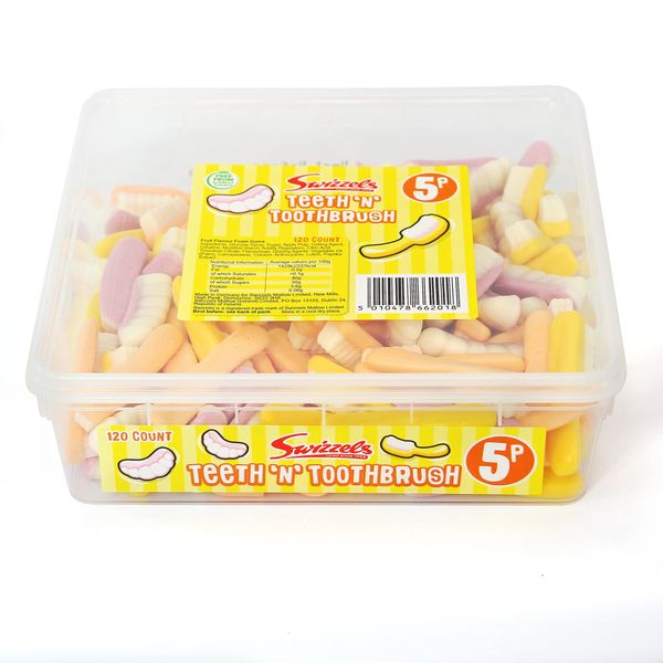 Swizzels Teeth 'N' Toothbrush Sweets, Fruit Flavour Foam Gums- Tub of Sweets (120 Sweets)