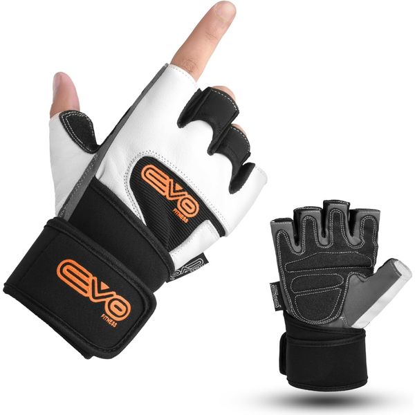 EVO Fitness Pure Leather Weightlifting Gym Gloves Neoprene Wrist Support wraps straps Bodybuilding Wheelchair cycling glove (Medium)