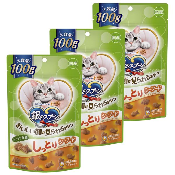 [Bulk Purchase] Silver Spoon for Cats, Treats That Can See Delicious Faces, Moist Seafood, 3.5 oz (100 g) x 3 Bags Made in Japan, Cat Food, Unicharm