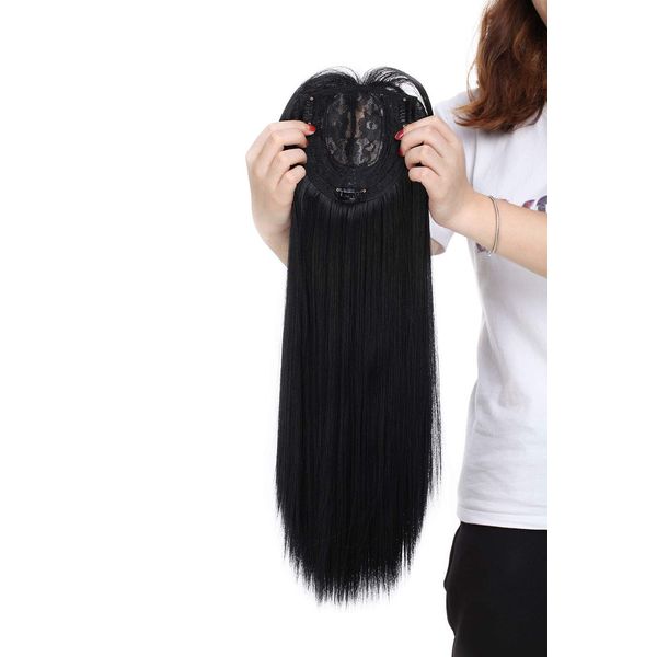 Hair Toppers for Women One Piece Clip in Toppers Extensions Straight Real Mono Toppiece Hair Piece for Thinning Hair 17" - Dark Black