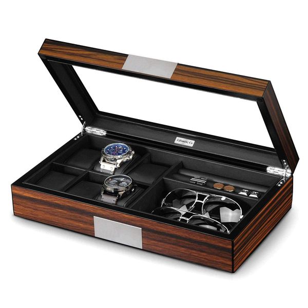 Lifomenz Co Watch Jewelry Box for Men 6 Slot Watch Box,6 Watch Case 8 Pair Cufflinks and Sunglasses Display Box,Wood Large Watch Display Case Organizer with Real Glass Window Top