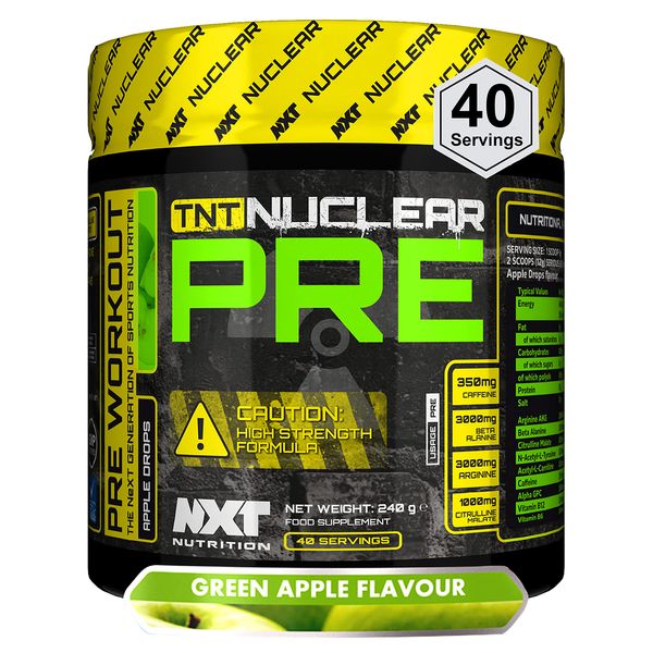 NXT Nutrition TNT Nuclear PRE Workout – 4 in 1 Energy Drink with Citrulline, Beta Alanine, Arginine AKG, Vitamin B, Caffeine for Insane Energy, Muscle Pump, Endurance and Focus - 240 Gram, Apple