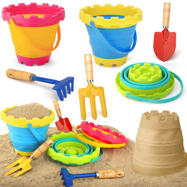 Collapsible Beach Buckets and Shovels Set Toys for Kids Toddlers, 3PCS 2.5 L Portable Silicone Foldable Castle Pails Buckets with Shovel Spade Sifter for Camping Sandbox Garden Beach Party Fishing